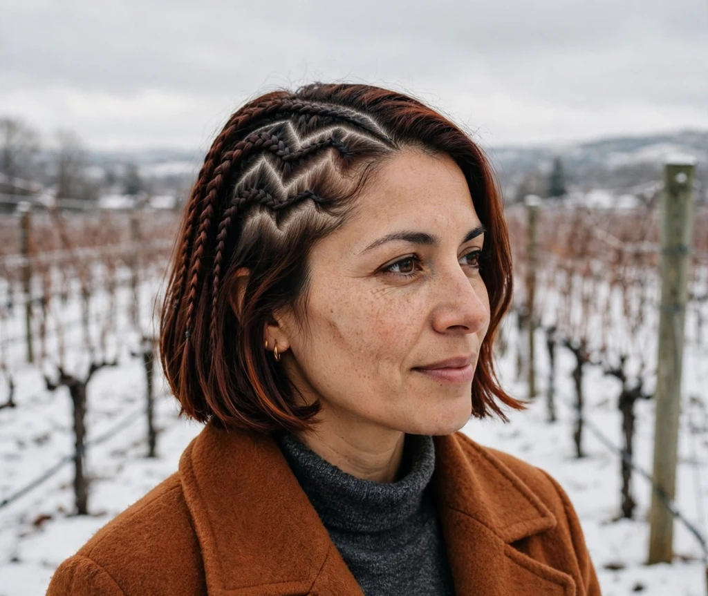 Woman with a dark auburn bob featuring zigzag part braids among snowy vineyard rows