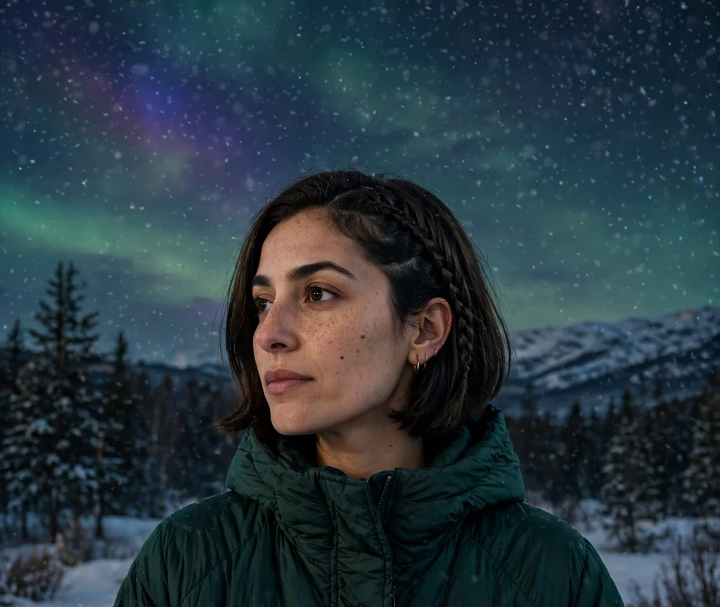 Woman with a dark brown bob featuring a diagonal Dutch braid under the northern lights in falling snow