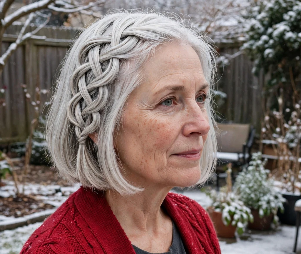Older woman with a silver-white bob featuring an infinity braid during the first snowfall in a backyard