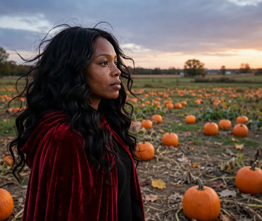 Woman with long jet-black voluminous waves wearing a red velvet cloak in a pumpkin patch