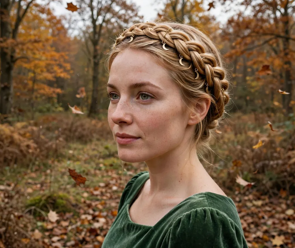 Woman with a blonde braided crown decorated with gold moon charms in an autumn forest