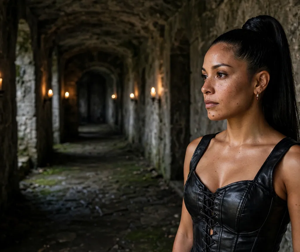 Woman with a sleek high black ponytail in a candlelit stone corridor