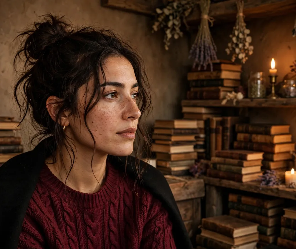 Woman with a messy dark brown top knot and loose strands in a cozy candlelit room