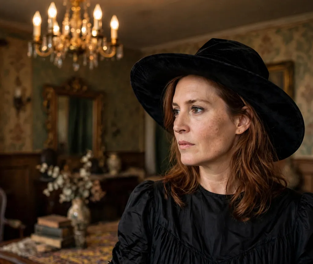 Woman with auburn hair in a deep side part under a black velvet wide-brim hat