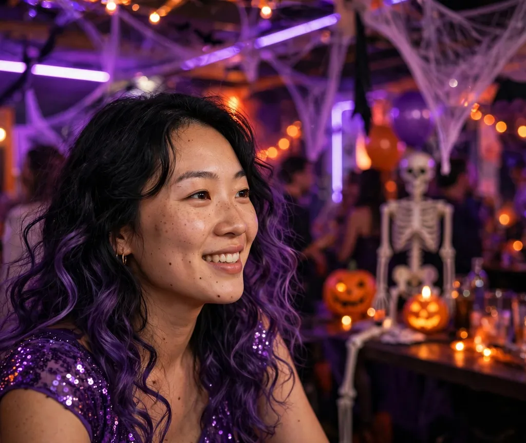 Woman with black-to-violet balayage curls at a neon-lit Halloween party