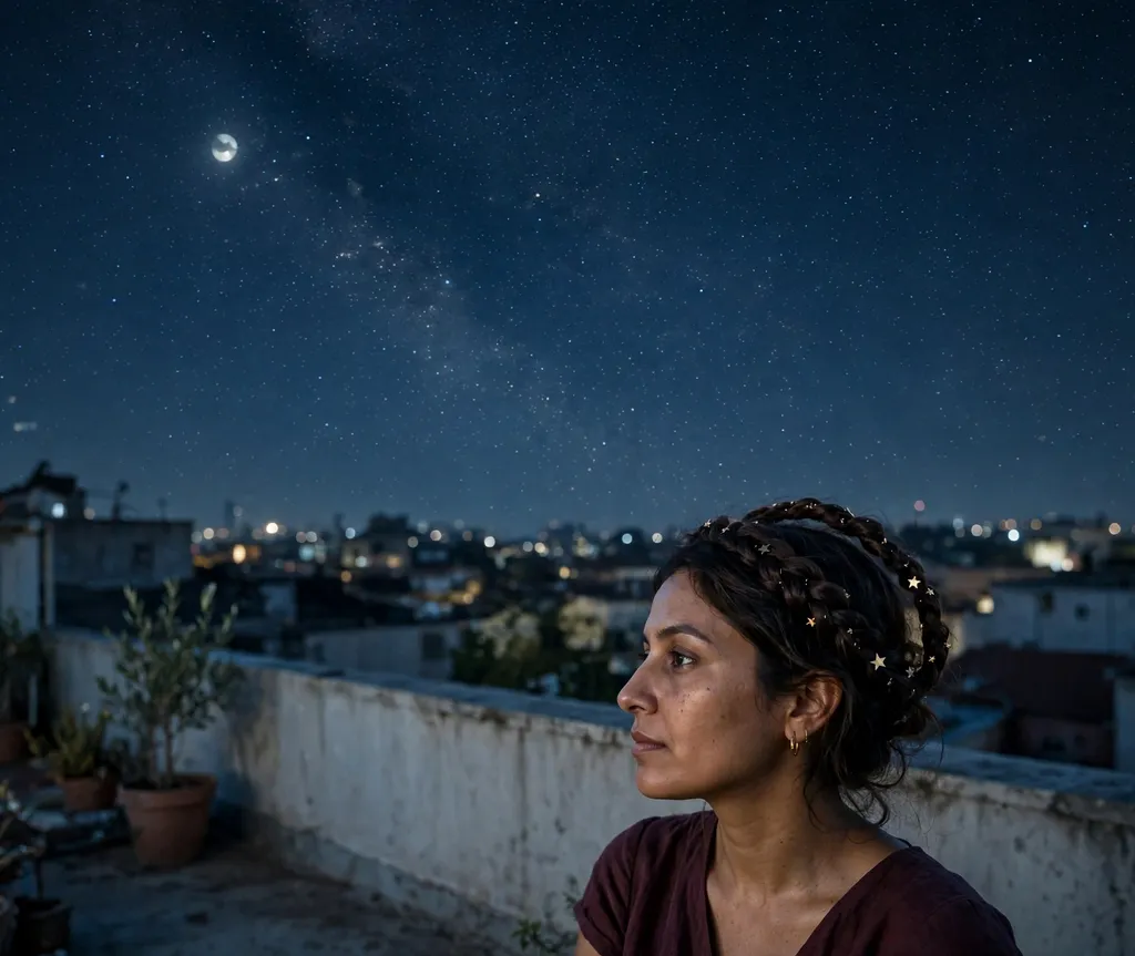 Woman with a twisted halo braid decorated with gold star pins on a rooftop at night