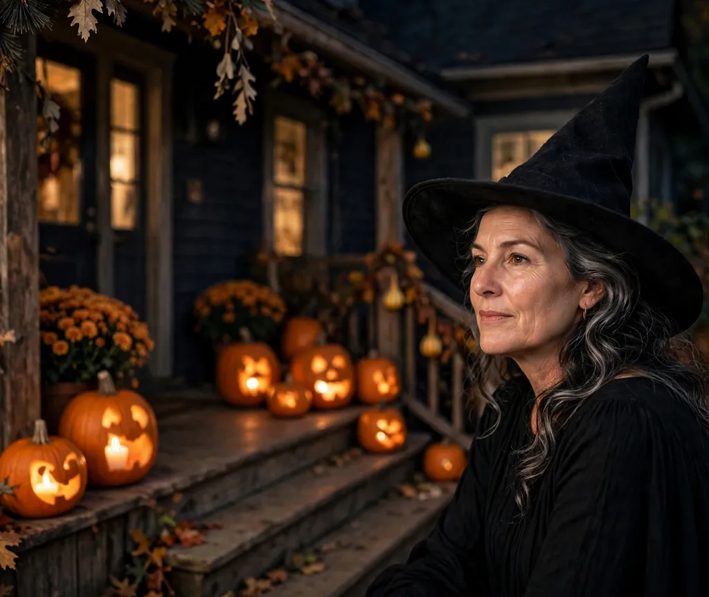 Woman with silver-streaked dark waves under a tall pointed witch hat on a porch with pumpkins