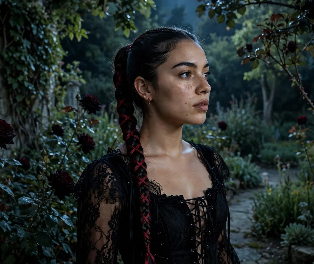 Woman with a long black fishtail braid with a red ribbon in a moonlit garden