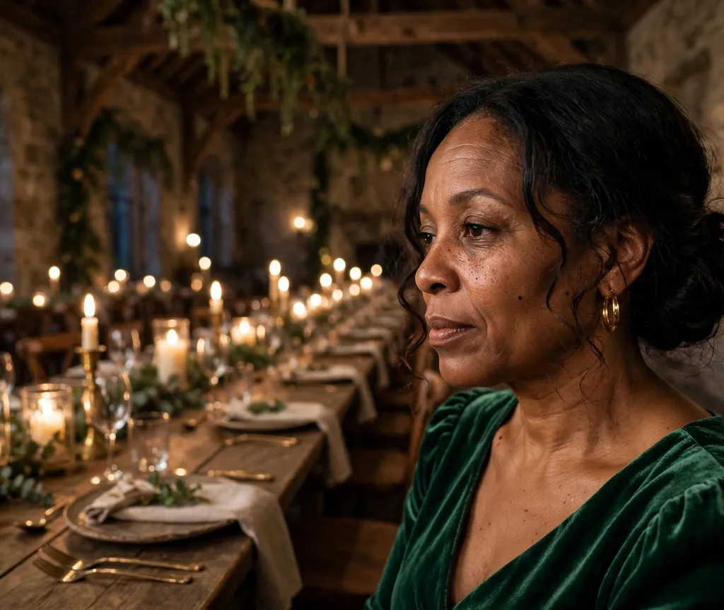 Woman with a soft low chignon with loose tendrils in a candlelit dining hall