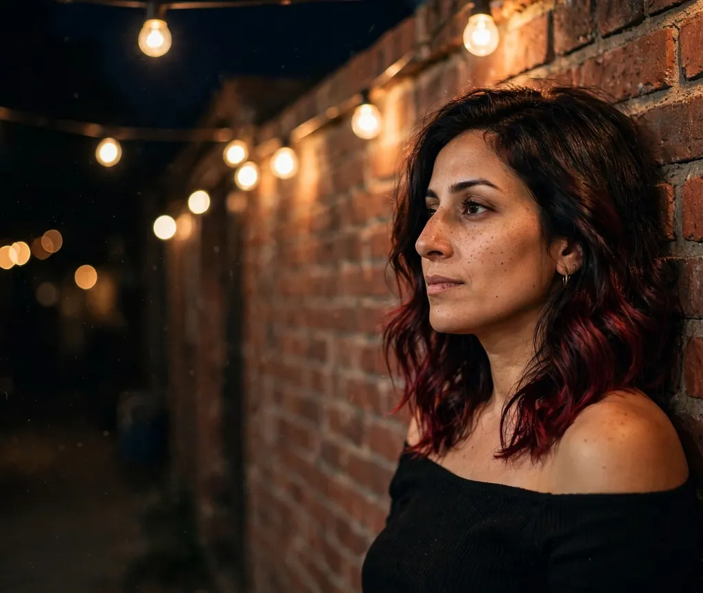 Woman with dark cherry ombré layered hair against a brick wall with string lights