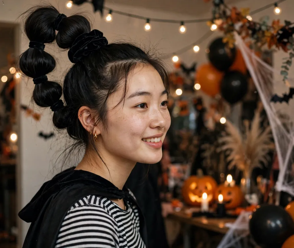 Woman with a high black bubble ponytail at a Halloween costume party