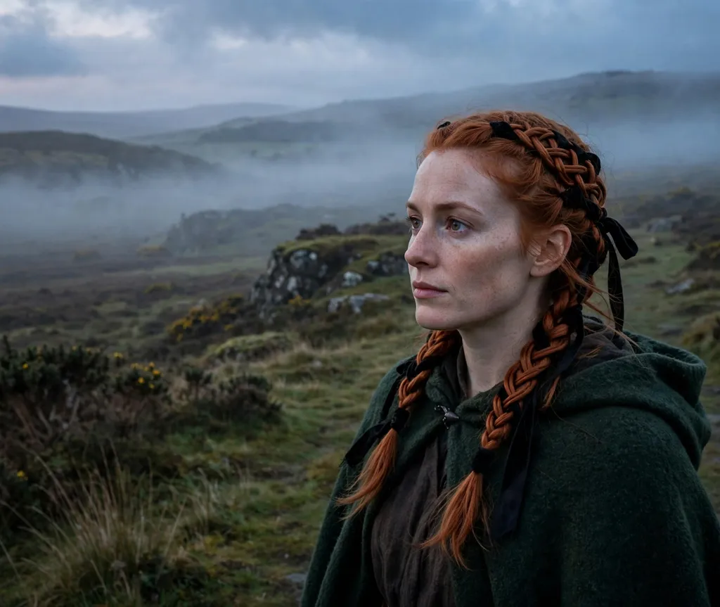 Woman with copper-red Celtic knot braids with black ribbons on a misty moor