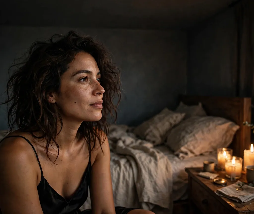 Woman with tousled dark waves in a black slip dress in a candlelit bedroom