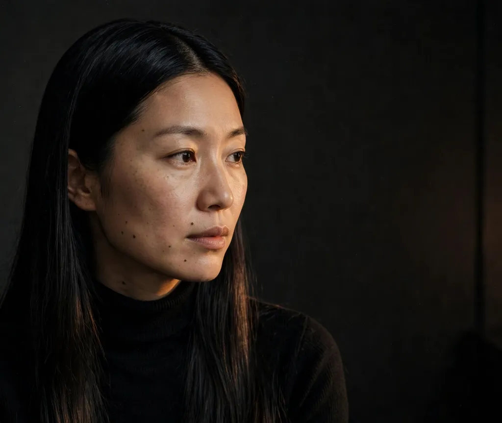 Woman with pin-straight glossy black center-parted hair in a dark room