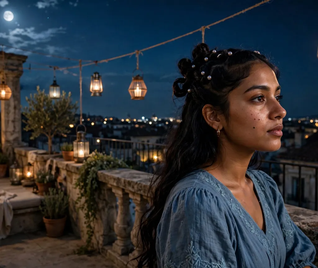 Woman with half-up twists secured with pearl pins on a moonlit terrace