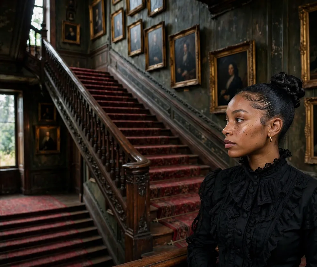 Woman with a polished high bun on a grand staircase of an old mansion