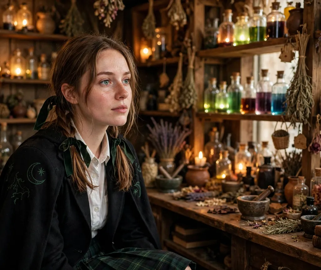 Woman with low pigtails tied with green ribbons in an apothecary room