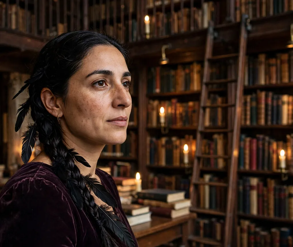 Woman with a sleek side braid with black feathers in a candlelit library