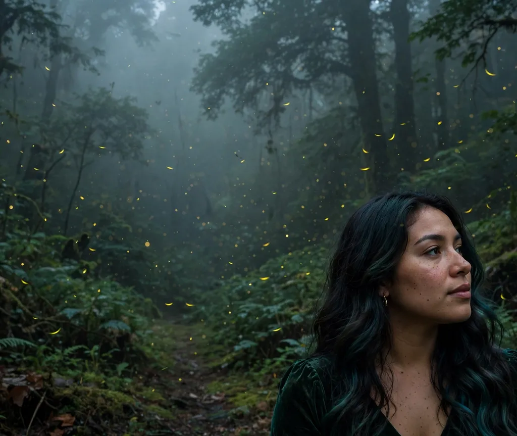 Woman with long teal-tinted mermaid waves in a foggy forest at night