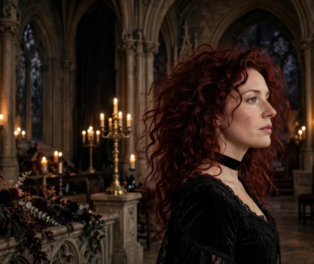 Woman with voluminous dark red curls and a black velvet choker in a gothic ballroom