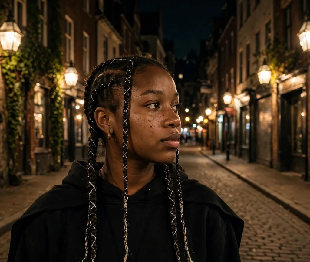 Woman with double Dutch braids with silver chains on a lantern-lit street