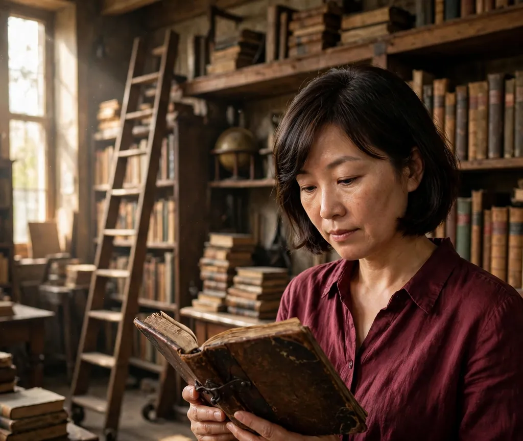 Woman with a bob and side-swept bangs holding a spell book in an old library