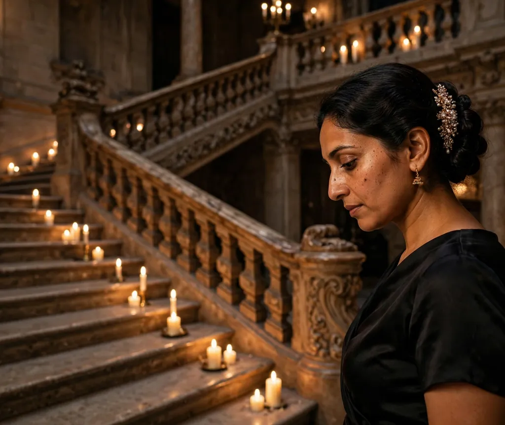 Woman with an elegant dark French twist with a jeweled pin on a candlelit staircase