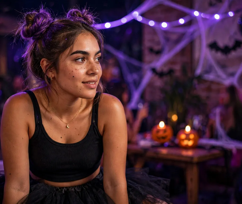 Woman with purple-tinted space buns with glitter at a Halloween party