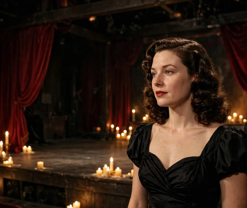 Woman with glossy dark brown Hollywood waves in a vintage black gown on a candlelit stage