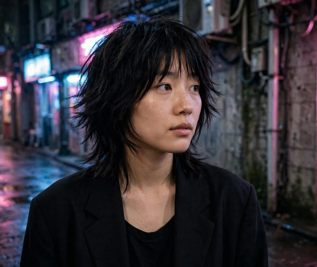 Woman with a shaggy black wolf cut with curtain bangs in a neon-lit alley
