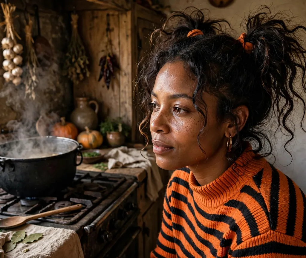 Woman with messy high pigtails with orange ties in a rustic kitchen with a cauldron
