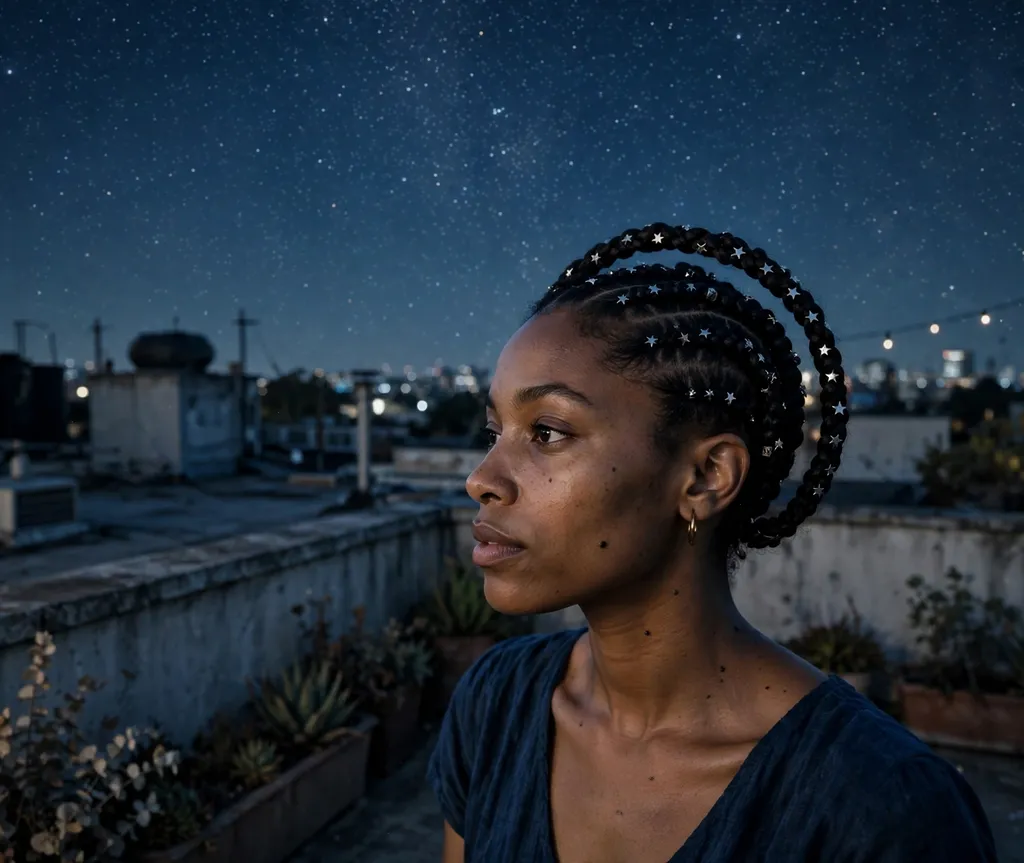 Woman with cornrows styled into a crown with star beads on a rooftop at night
