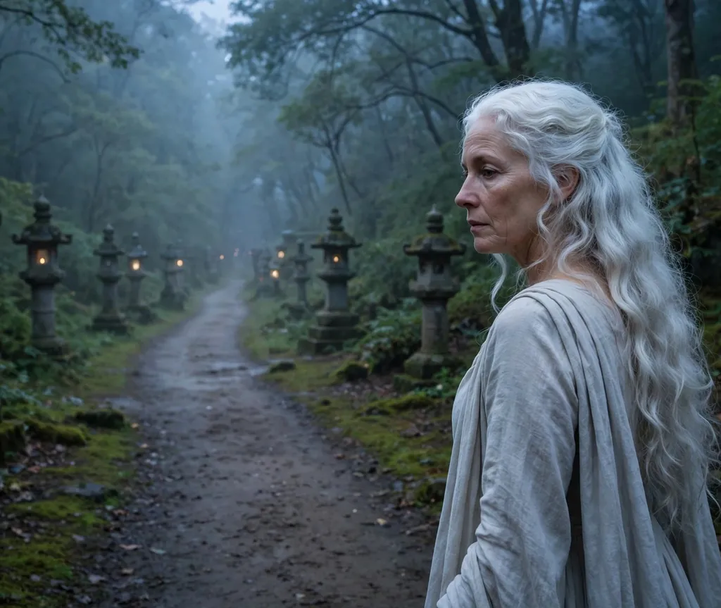 Woman with long silver-white waves in a pale grey gown on a misty path