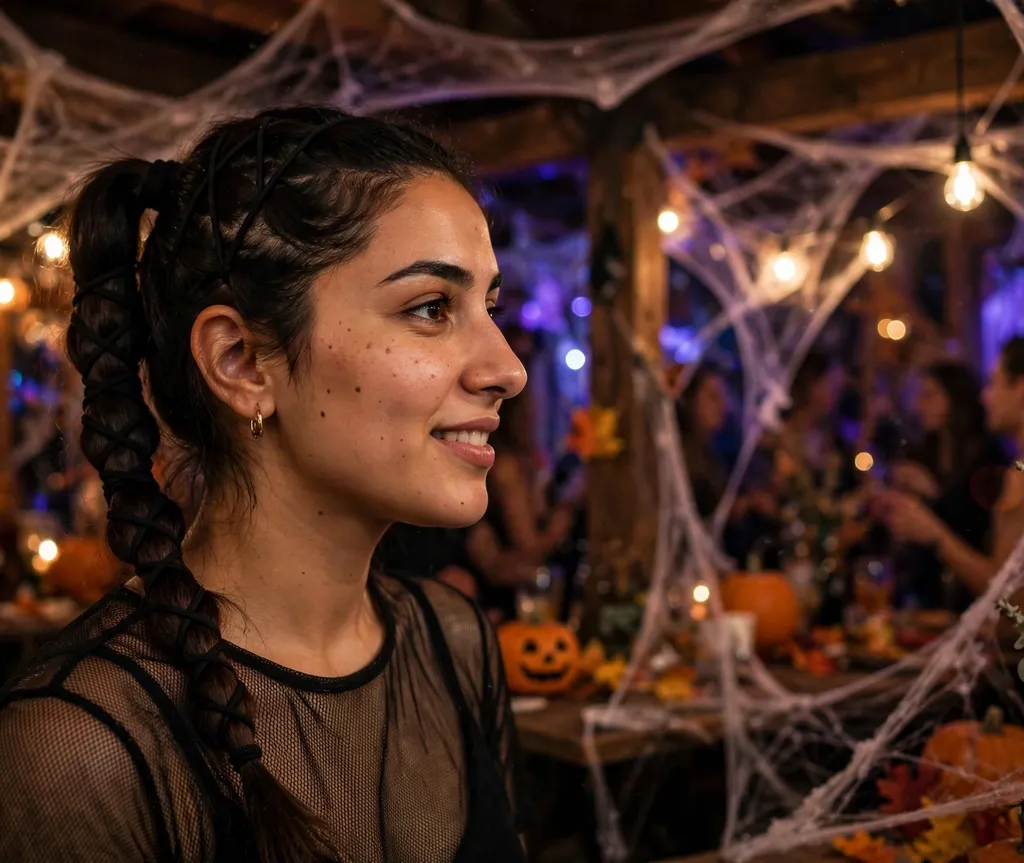 Woman with a criss-cross elastic black ponytail at a spiderweb-decorated party