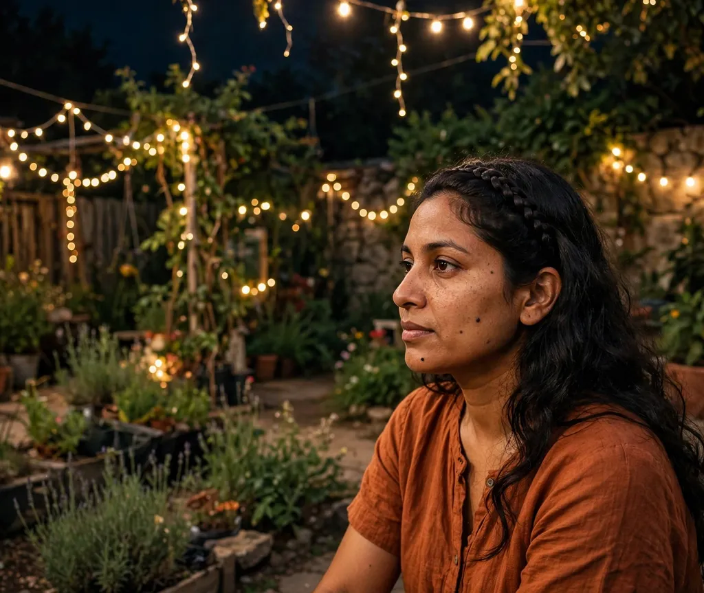 Woman with a front braid styled as a headband with loose hair in a night garden