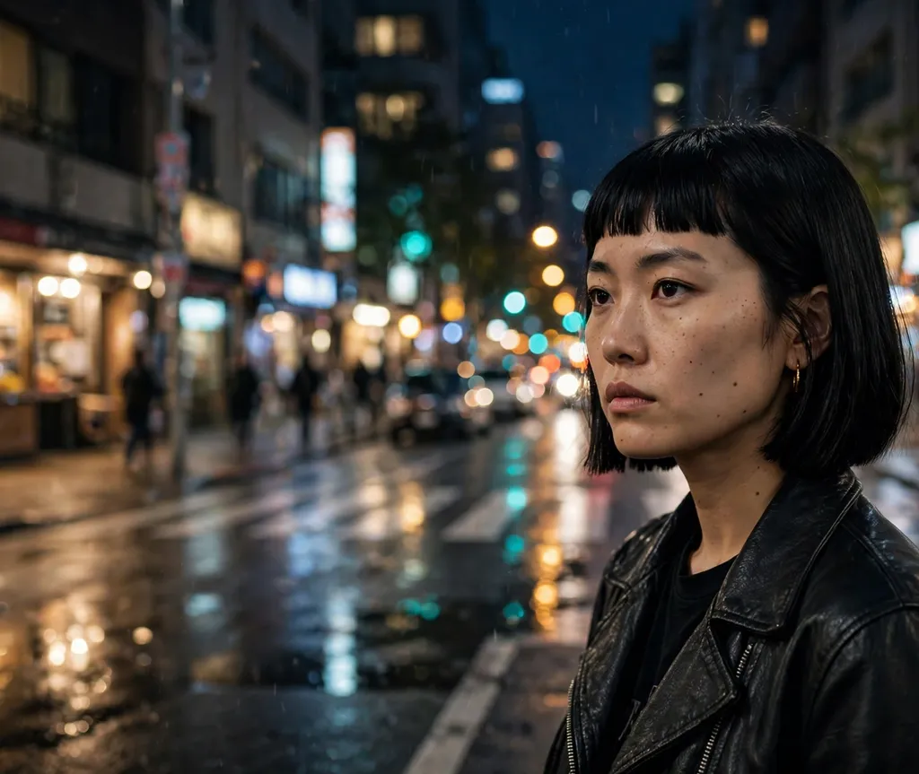 Woman with a blunt jet-black bob in a leather jacket on a city street at night
