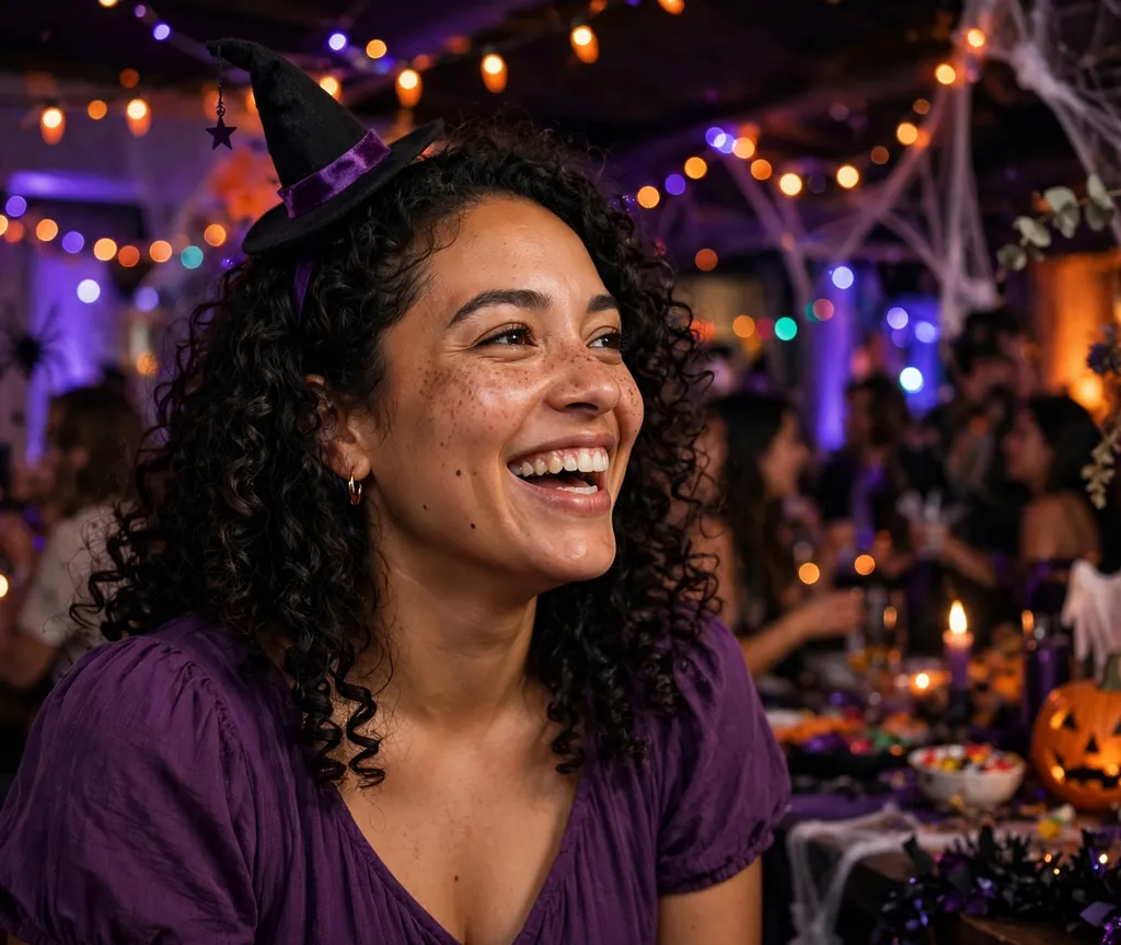 Woman with tight dark curls wearing a mini witch-hat headband at a Halloween party