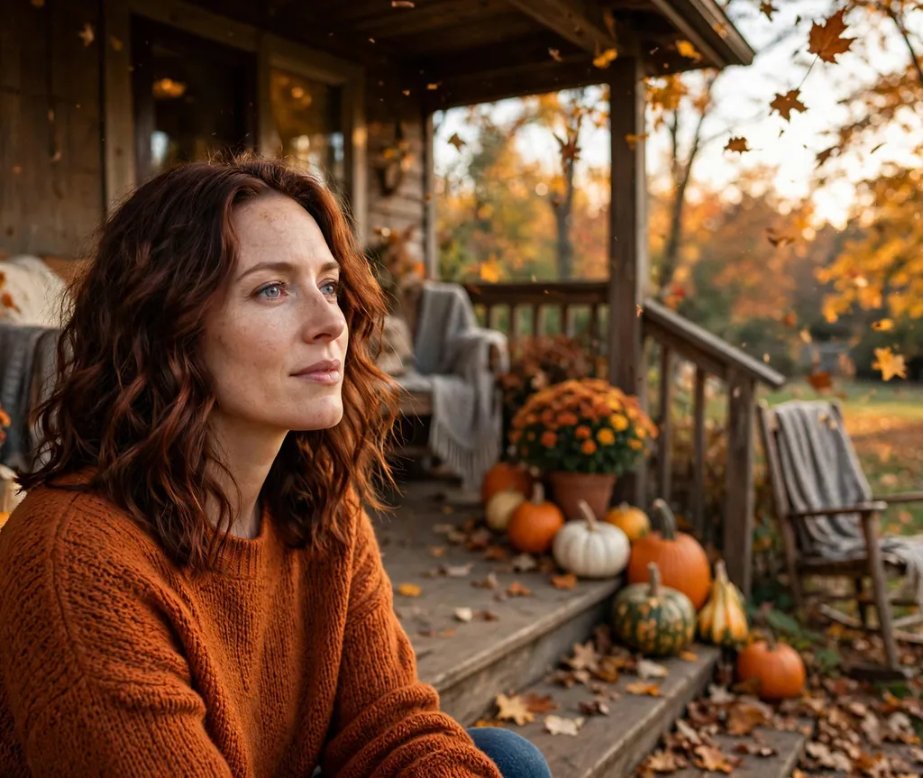 Woman with copper-auburn loose waves on an autumn porch with pumpkins