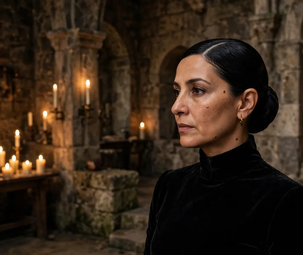 Woman with a severe sleek low bun with a center part in a candlelit stone hall