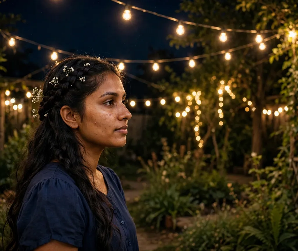 Woman with a waterfall braid with tiny white flowers in a night garden with string lights