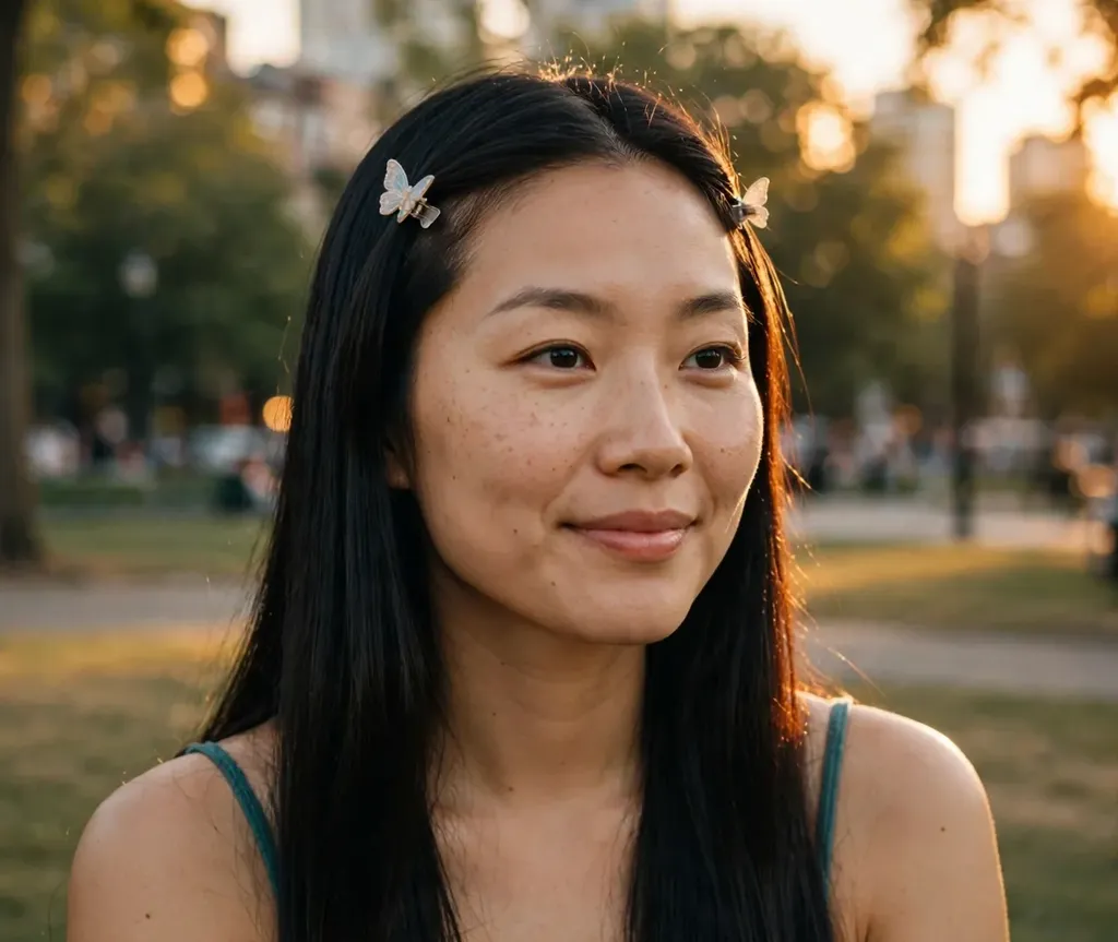Woman with butterfly clips holding back her front hair strands