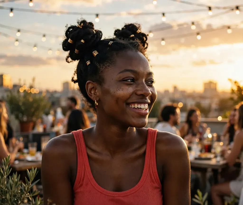 Woman with two high space buns in her natural coily hair