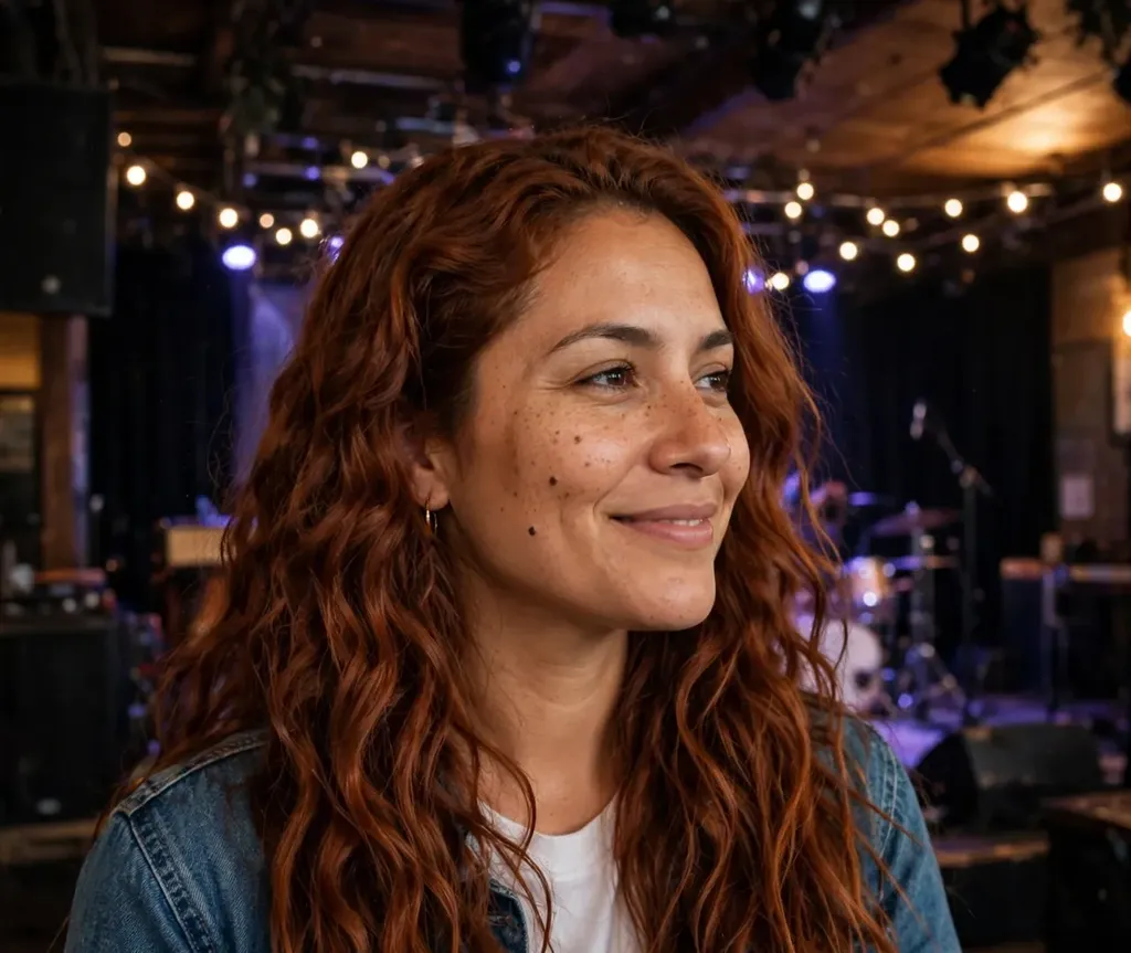 Woman with long crimped auburn hair