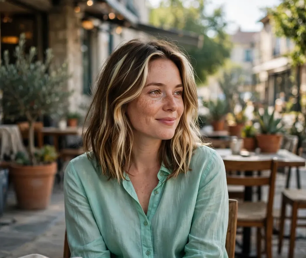 Woman with bold chunky blonde highlights in brown hair