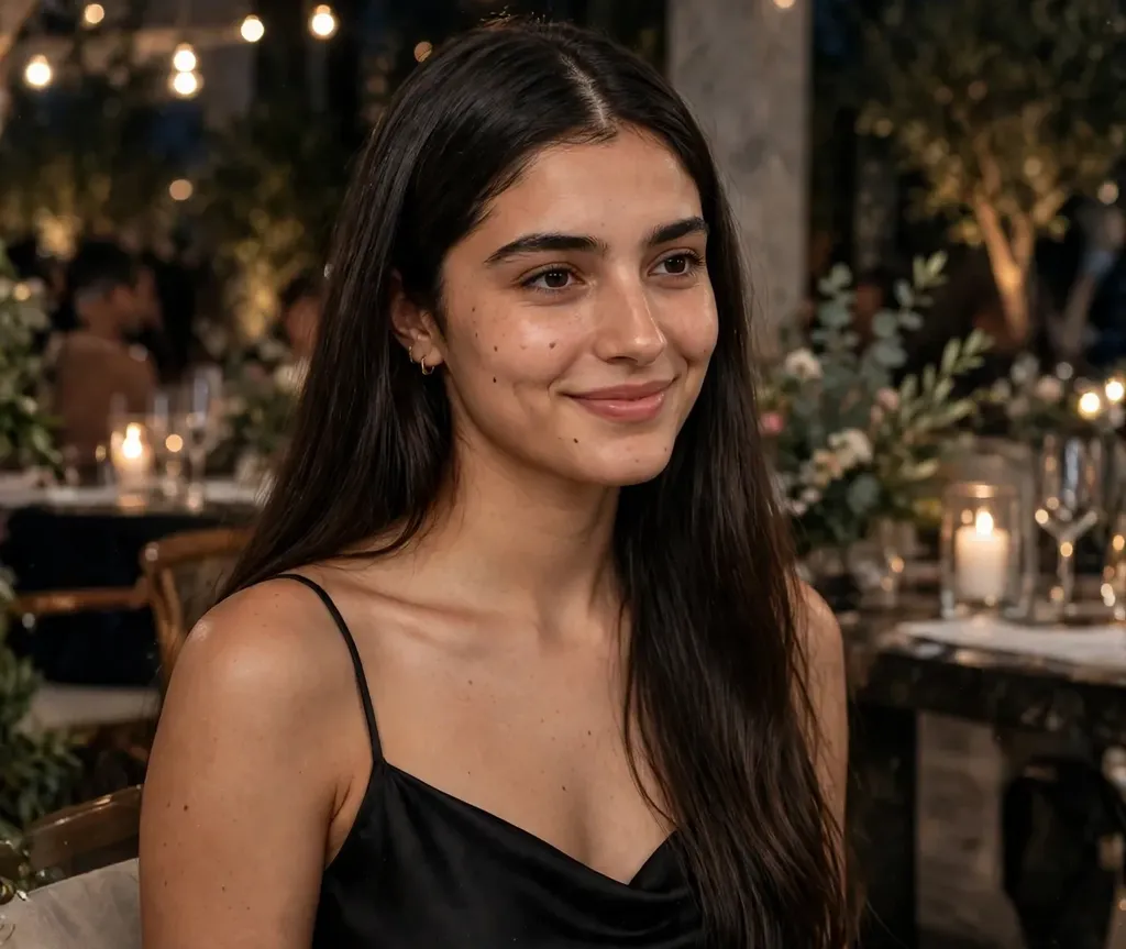 Woman with a crisp zigzag middle part in sleek dark hair
