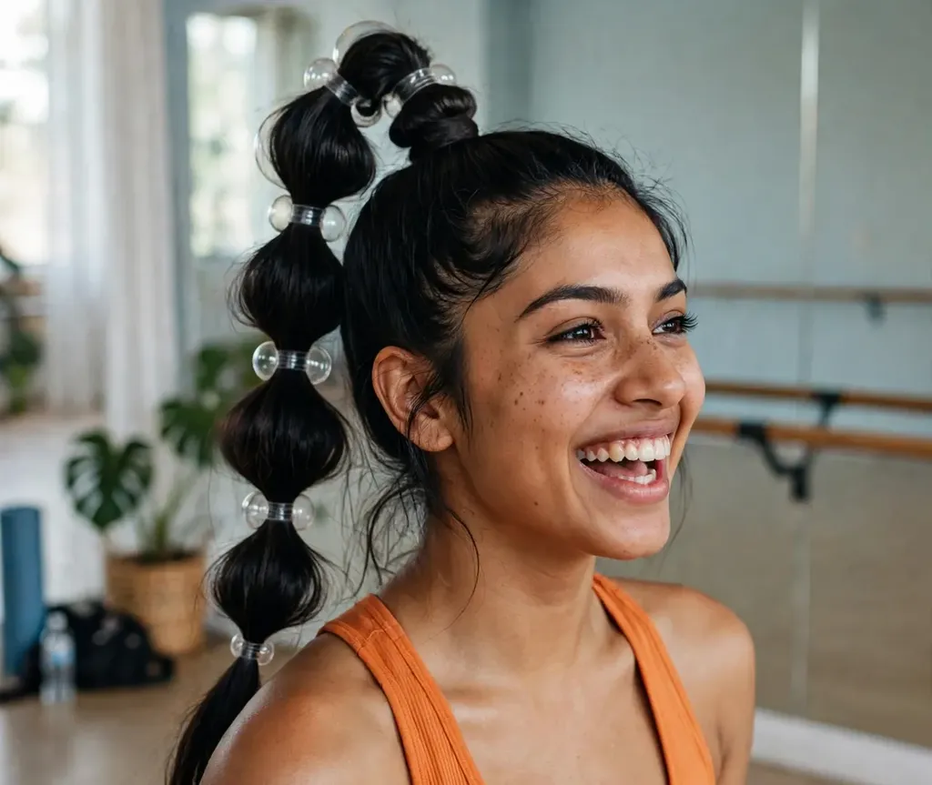 Woman with a high bubble ponytail on long black hair