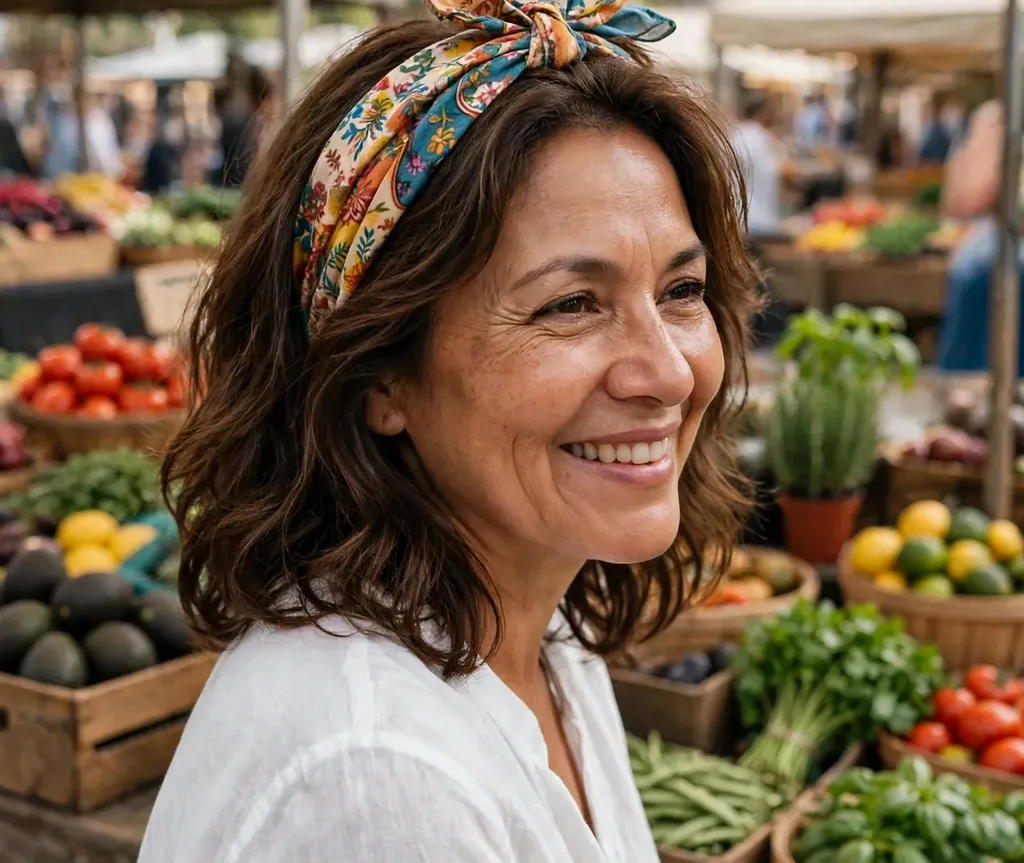 Woman wearing a folded bandana headscarf with layered hair