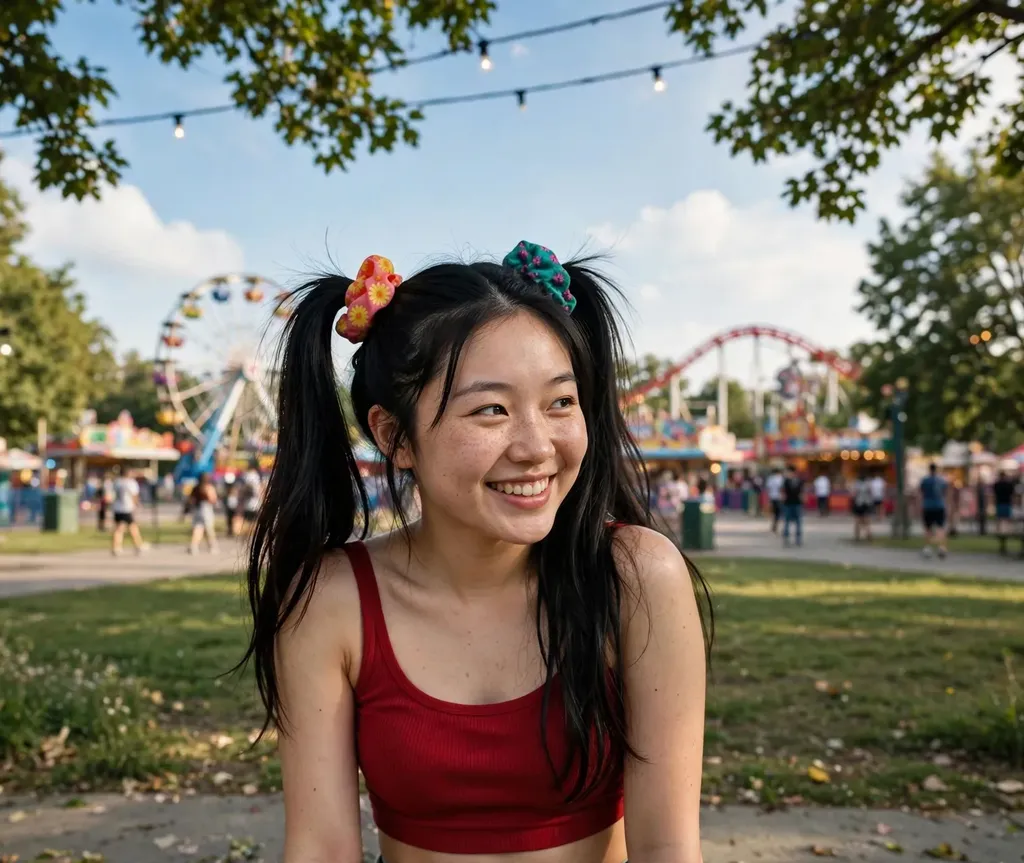 Woman with two high pigtails tied with colorful scrunchies