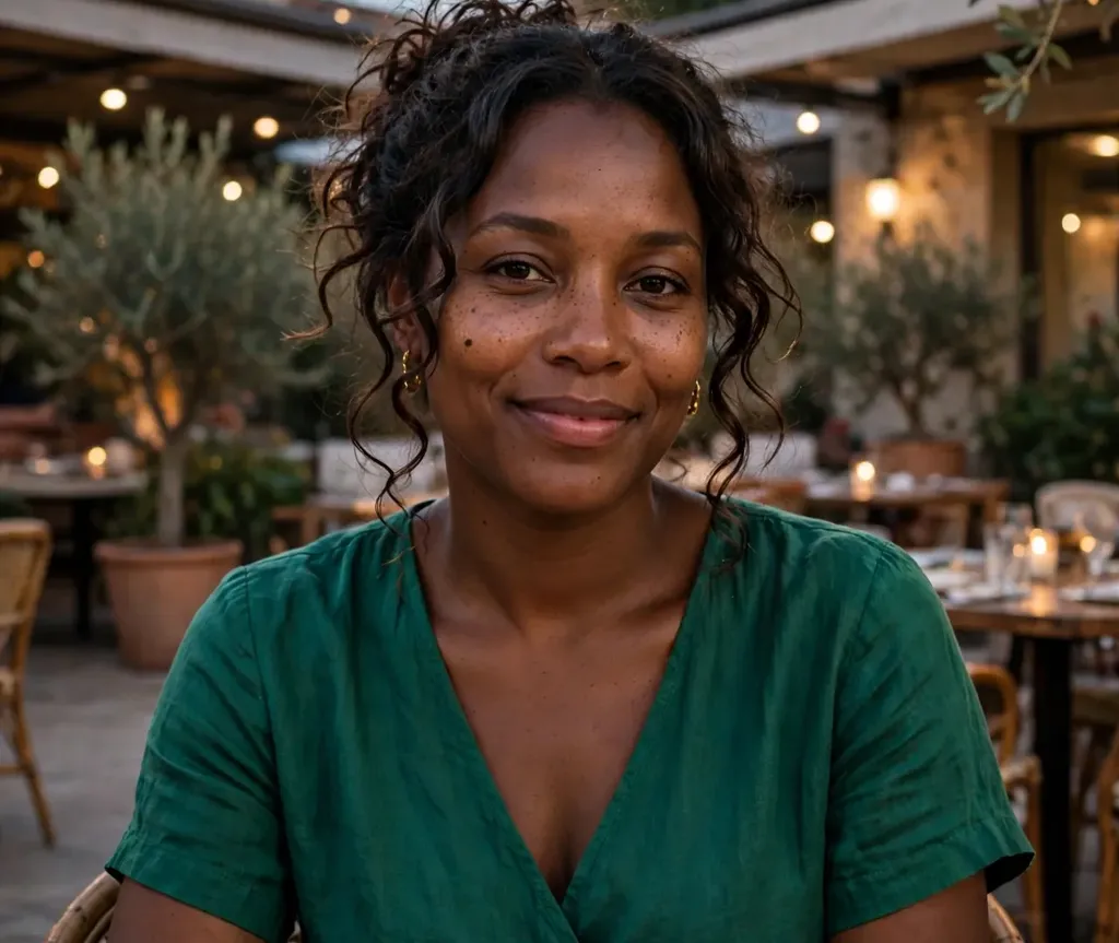 Woman with a messy updo and loose curly tendrils