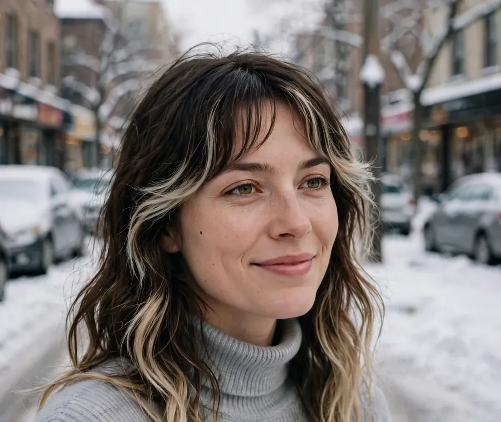 Woman with dark hair and frosted blonde tips on bangs and ends